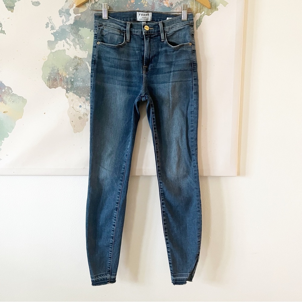 Frame Denim Jeans Le High Skinny Revere Wash Slit Hem Frayed Blue Size 26